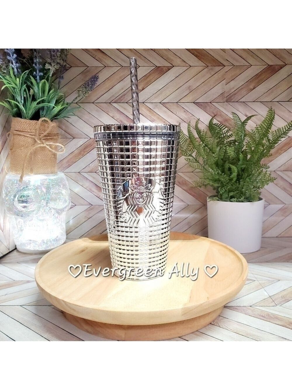 Starbucks Chrome Metallic Silver Grid Bling Tumbler Grande 16oz